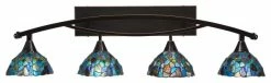 Toltec Lighting Bow 4-Light Bath Bar, With 7" Blue Mosaic Art Glass, Black Copper