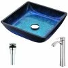Anzzi Viace Deco-Glass Vessel Sink, Blazing Blue With Harmony Faucet, Brushed Nickel