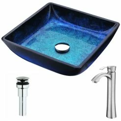 Anzzi Viace Deco-Glass Vessel Sink, Blazing Blue With Harmony Faucet, Brushed Nickel