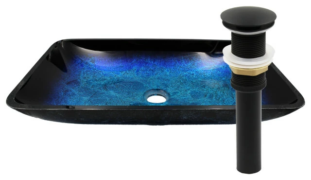 Novatto Fresca Blue And Black Glass Vessel Bath Sink And Drain, Matte Black 1 Novatto Fresca Blue And Black Glass Vessel Bath Sink And Drain, Matte Black