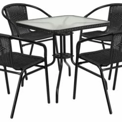 Flash Furniture 28'' Square Glass Metal Table With 4 Black Rattan Stack Chairs