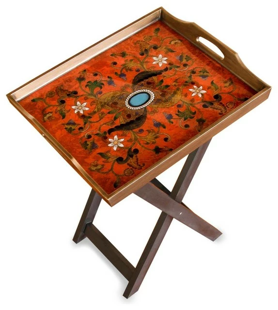 NOVICA Reverse Painted Glass Folding Tray Table, 'Scarlet Delight', Peru 1 NOVICA Reverse Painted Glass Folding Tray Table, 'Scarlet Delight', Peru