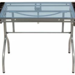 Offex Artists Blue Tempered Glass Top Folding Craft Station, Silver
