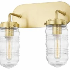 Hudson Valley Lighting Clara 2-Light Bath Bracket, Aged Brass Finish, Clear Ribbed Glass