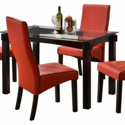 Pilaster Designs, Wood And Glass Dining Dinette Set, Table And 4 Chairs, Red