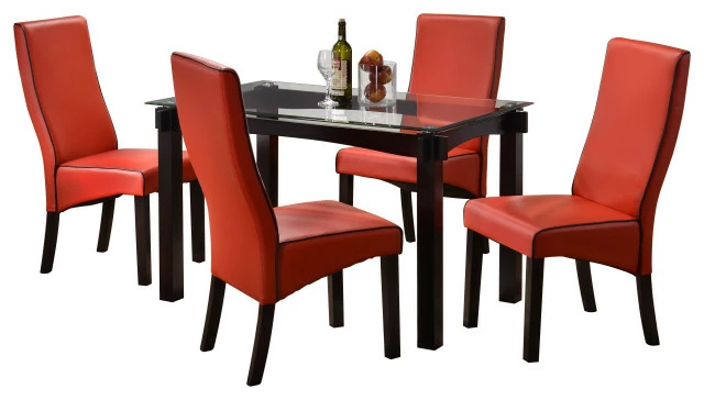 Pilaster Designs, Wood And Glass Dining Dinette Set, Table And 4 Chairs, Red 1 Pilaster Designs, Wood And Glass Dining Dinette Set, Table And 4 Chairs, Red